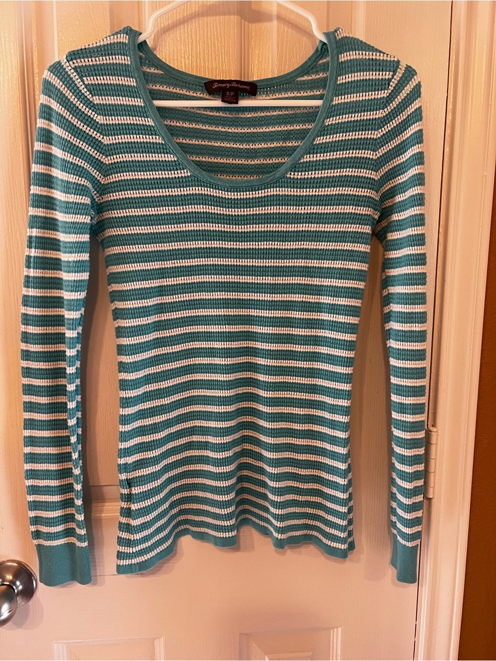 Tommy Bahama Blue and White Striped Scoop-Neck Open Knit Long Sleeve Top, Size S